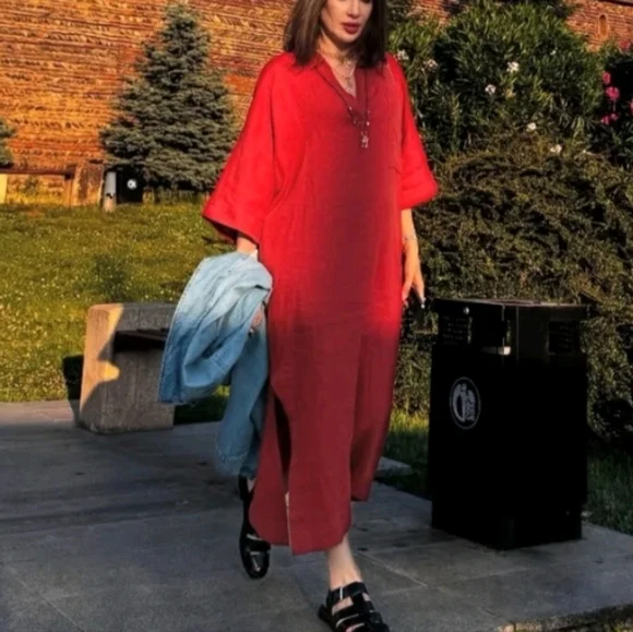 Zara Zw Collection 100% Linen Rust Red Oversized Tunic Dress - Picture 11 of 11